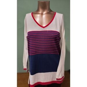 The Limited Striped Lightweight Hi-Lo V-Neck Sweater, Navy, Red, Cream, Sz S NWT